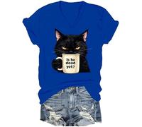 is He Dead Yet V Neck Shirt Funny Cat Sarcastic Vintage T-Shirt (Sapphire Blue, X-Large)