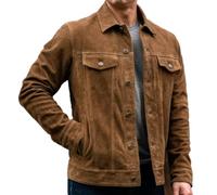 Isaac & David Chicago Men's Vintage Trucker Suede Leather Jacket - Denim Biker Cafe Racer Causal Western Cowboy Jacket, Dusty, L