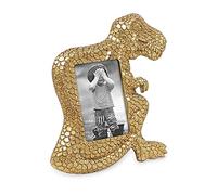 Isaac Jacobs 2” x 3” Resin Dinosaur Picture Frame, Vertical Keepsake Photo Frame with Easel and Hanging Tabs for Tabletop, Desktop & Wall Display (T-Rex, Gold)
