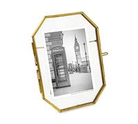 Isaac Jacobs 3.5x5 Vintage Style Octagon Brass & Glass, Metal Floating Picture Frame with Locket Closure (Vertical), Tabletop Display, (Fits up to a cutout 3.5” x 5” - See image)