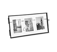 Isaac Jacobs 3-Photo Vintage Style Glass and Metal Floating Picture Frame (Horizontal) w/Locket Closure; (Fits 3 2x3 photos) for Photos, Art, & More, Tabletop Display (Three-2x3, Black)