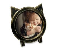 Isaac Jacobs 4x4 Round Resin Sentiment Cat Picture Frame with Ears | Picture Frame for Tabletop & Wall Display Hanging Display & Home Decor (Black with Gold)