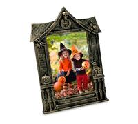 Isaac Jacobs 4x6 Haunted-House Shaped Halloween Picture Frame, Photo Tabletop & Wall Mount, Holiday Home Décor (4x6, Black With Gold)