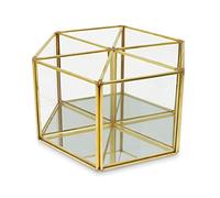 Isaac Jacobs 6-Compartment Rotating Makeup Brush Holder, 360 Degree Acrylic Carousel, Vintage Style Brass and Glass Organizer, Storage Solution with Mirror Base for Makeup, Kitchen, Crafts, More