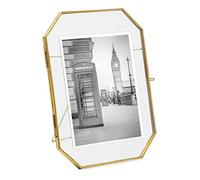 Isaac Jacobs 6x8 Vintage Style Octagon Brass & Glass, Metal Floating Picture Frame with Locket Closure (Vertical), Tabletop Display, (Fits up to a Cutout 6” x 8” - See Image)