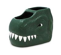 Isaac Jacobs Green Ceramic Dinosaur Dual Compartment Toothbrush Holder, Multi-Purpose Organizer, for Toiletries, Bathroom, Kitchen, Crafts, Desk, Novelty Bathroom Accessory (2-Section Cup, Green)