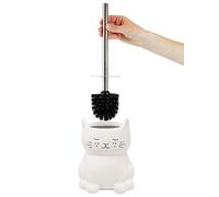Isaac Jacobs White Ceramic Cat Toilet Bowl Brush Holder with Chrome Metal Handle (Unassembled) - Bathroom Accessory & Cleaning Storage (Cat)