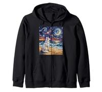 Isabella Husky Starry Night White Dog at the Beach Artwork Zip Hoodie