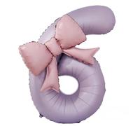 ISABELLA MOON 40'' Pink Number with Bow Balloon, Self Inflating Foil Light Pink Balloons Set 0-9, Pastel Pink Helium for Girls Birthday Party Decorations Anniversary Supplies (Purple, Number 6)