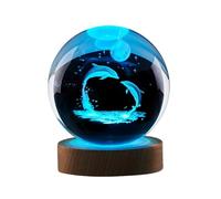 ISAKEN 3D Crystal Ball with Pattern Pink Dolphin Elk Whale Moon Night Light Glass Ball Night Lamp with Wooden Base for Kids Room, Bedroom