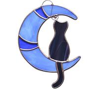 ISAKEN Stained Glass Panels Cat On The Moon, Stained Glass Cat Hanging Ornament, Home Decor Stained Glass Window Pendant Sun Catchers, L