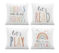 ISANOU This is Our Happy Place PillowCovers,Let's Read Let's Play Inspirational Quotes Pillow Case Set of 4,Kids Room Decor,Rainbow Pillow Decor for Classroom Nursery Baby Bedroom Playroom,18x18 Inch