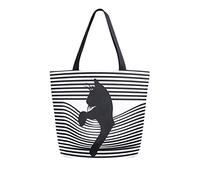 ISAOA Canvas Reusable Shoulder/Hand Tote Shopping Bags,Cute Black Cat with Stripe Travel Handbag College Bookbag for Women Girl