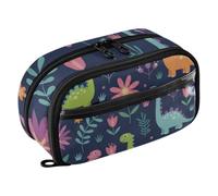 ISAOA Dinosaurs and Flowers on Navy Blue Pencil Case with 3 Compartments, Aesthetic Stationery Pen Bag Secondary School Essentials Supplies for Teen Girls Boys Adult