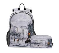 ISAOA Fahion Backpack Set School Bag with Lunch Box BagPainting France City Street School Backpacks for Teen Girls Boys Women Men Laptop Backpack Casual Daypack