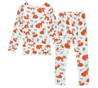 ISAOA Fox Leaf Pattern Girls Pajama Sets Long Sleeve Shirring Sleepwear Kids Toddler Pjs