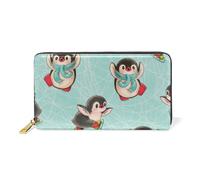 ISAOA Hand Drawn Penguin Leather Wallet Purse,Multi-Function Handbag Zipper Clutch Purse,Large Capacity Card Holder Bag,19 CM