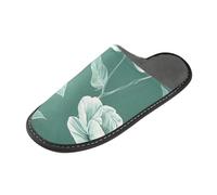ISAOA House Slippers Non Slip Washable Reusable, Women Men Padded Sole Slippers,Plane Leaves Flower White Green Pattern Home Indoor Guest Hotel Party Slipper