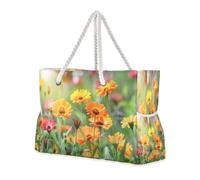 ISAOA Large Beach Bag Shoulder Handbag Tote Bag with Zip and Pockets Bright Orange Yellow Flowers Blooming in The Summer Sun for Gym Travel Sport