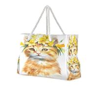 ISAOA Large Beach Bag Shoulder Handbag Tote Bag with Zip and Pockets Cute Lovely Watercolor Cat for Gym Travel Sport