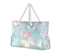 ISAOA Large Beach Bag Shoulder Handbag Tote Bag with Zip and Pockets Pastel Butterflies for Gym Travel Sport