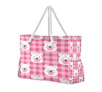 ISAOA Large Beach Bag Shoulder Handbag Tote Bag with Zip and Pockets Pink Checkered with A Bear's Face for Gym Travel Sport