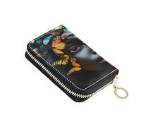 ISAOA Leather Credit Card Holder Zipper Card Wallet Organizer Case Business Card Case African American Butterfly Girl for Woman Man
