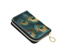 ISAOA Leather Credit Card Holder Zipper Card Wallet Organizer Case Business Card Case Beautiful Peacock Feathers for Woman Man