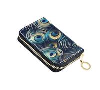 ISAOA Leather Credit Card Holder Zipper Card Wallet Organizer Case Business Card Case Blue Peacock Feathers for Woman Man