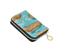 ISAOA Leather Credit Card Holder Zipper Card Wallet Organizer Case Business Card Case Capybaras in The Water for Woman Man