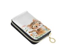 ISAOA Leather Credit Card Holder Zipper Card Wallet Organizer Case Business Card Case Cute Two Tigers for Woman Man