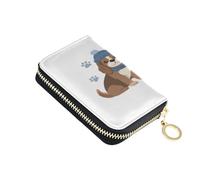 ISAOA Leather Credit Card Holder Zipper Card Wallet Organizer Case Business Card Case Puppy Blue Hat Collar Paw Prints for Woman Man