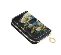ISAOA Leather Credit Card Holder Zipper Card Wallet Organizer Case Business Card Case Skull Whie Yellow Daisies for Woman Man