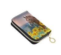 ISAOA Leather Credit Card Holder Zipper Card Wallet Organizer Case Business Card Case Sunflower Horse for Woman Man
