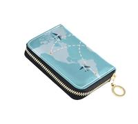 ISAOA Leather Credit Card Holder Zipper Card Wallet Organizer Case Business Card Case World Map Airplanes for Woman Man