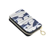 ISAOA Leather Credit Card Holder Zipper Card Wallet Slim Organizer Case Business Card Case Cartoon Shark on Strips for Woman Man