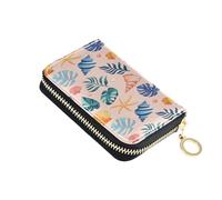ISAOA Leather Credit Card Holder Zipper Card Wallet Slim Organizer Case Business Card Case Green Leaves Shells for Woman Man