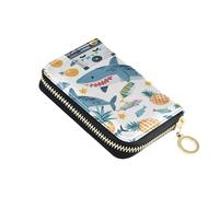 ISAOA Leather Credit Card Holder Zipper Card Wallet Slim Organizer Case Business Card Case Shark Yellow Pineapple for Woman Man