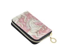 ISAOA Leather Credit Card Holder Zipper Card Wallet Slim Organizer Case Business Card Case White Horse Pink Flower for Woman Man