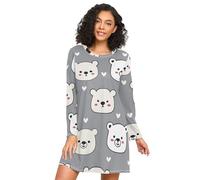 ISAOA Long Sleeve Women's Nightdresses Cartoon Bear Love Pattern Nightshirts,Soft Sleep Dress S-XXL