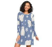 ISAOA Long Sleeve Women's Nightdresses Northern Bear Snow Flower Nightshirts,Soft Sleep Dress S-XXL