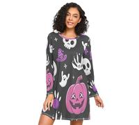 ISAOA Long Sleeve Women's Nightdresses Pumpkin Skull Head Pattern Nightshirts,Soft Sleep Dress S-XXL