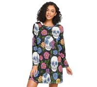 ISAOA Long Sleeve Women's Nightdresses Skull Head Flower Pattern Nightshirts,Soft Sleep Dress S-XXL
