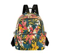 ISAOA Modern Tropical Floral Quilted Multi-Pocket Rucksack | 2 large main zip compartments, 3 small pockets, luxurious leather handle, thick shoulder straps, lightweight fashion rucksac