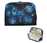 ISAOA Pencil Bag,Large Capacity Pencil Case,Butterfly with Blue Roses Pencil Pouch Bag for Girls Boys,Standing Pen Bag for Teenage Student Women Men,21 x 5 x 15 CM