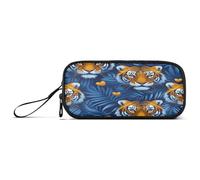 ISAOA Pencil Case, Large Capacity Pen Case with 3 Compartments, Stationery Pouch Tiger Heads Blue Leaves for School & Office Supplies