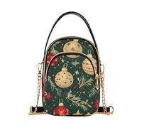 ISAOA Red Golden Christmas Ball Leave Crossbody Bag for Women, Cell Phone Purse Detachable Chain Bag Leather Shoulder Handbag Wallet