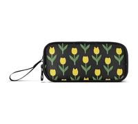 ISAOA Yellow Tulip Pattern Big Capacity Pencil Case 3 Compartments Pencil Pouch Portable Large Storage Pencil Box Pencil Bag for Teen Boys Girls Adults Students