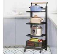 ISCBAFYX Adjustable Microwave Rack on Wheels - White Baking Tray Storage Stand for Kitchen Worktops, Black with 4 Boards & 1 Basket, Perfect Space-Saving Solution