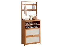 ISCBAFYX Bamboo Coat Rack with Shoe Storage and Hooks 6-Tier Shoe Cabinet 3 Doors 70cm Tall Stylish nizer for Entryway Brown Finish